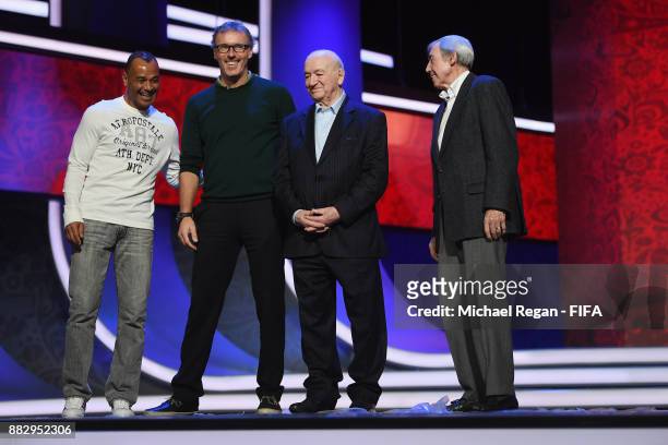 Cafu, Laurent Blanc, Nikita Simonyan and Gordon Banks look on after the rehearsal for the 2018 FIFA World Cup Draw at the Kremlin on November 30,...