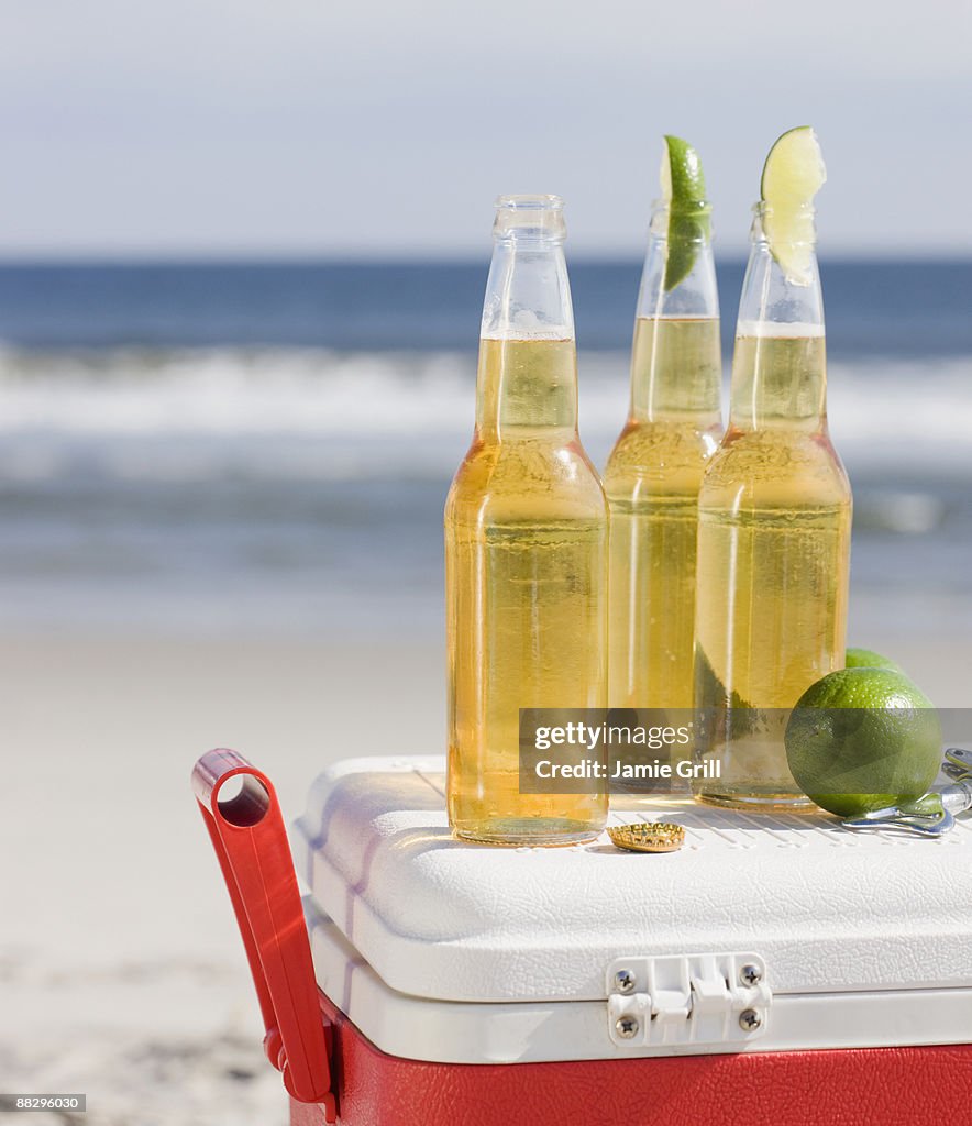 Beer and cooler on beach