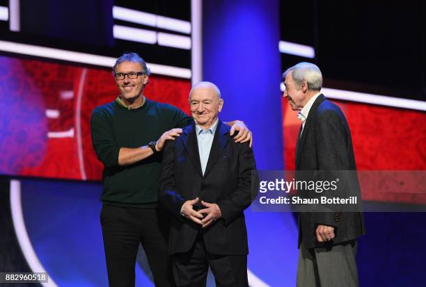 Nikita Simonyan of Russia, Laurent Blanc of France and Gordon Banks of England meet on the stage after the rehearsal for the 2018 FIFA World Cup Draw...