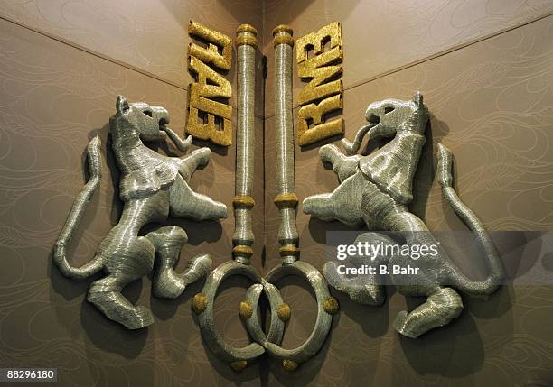 The logo for the Rand Merchant Bank hangs over the reception desk on March 9, 2009 in Johannesburg, South Africa. South Africa will host the 2010...