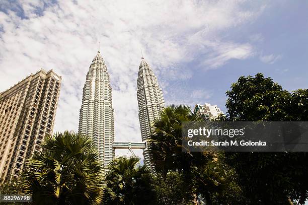 twin highrise buildings and palm trees - kuala lumpur twin tower stock pictures, royalty-free photos & images