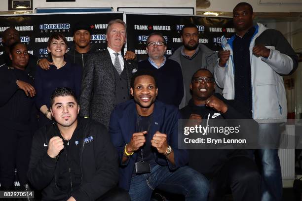 Light heavyweight boxer Anthony Yarde, Boxing Promoter Frank Warren and Heavyweight boxer Daniel Dubois poses with the staff of the Boxing Academy...