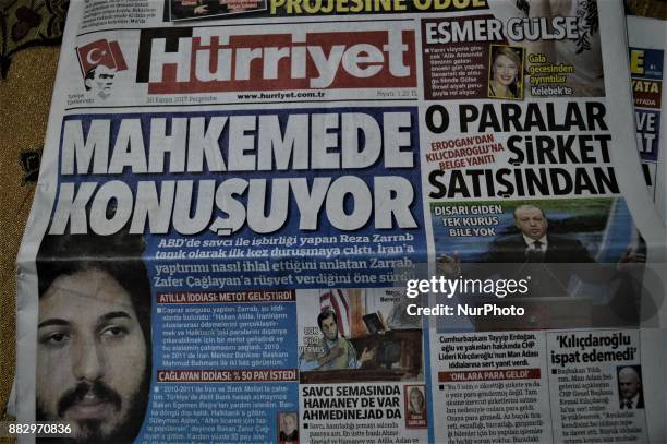 Photo taken in Ankara, Turkey on November 30, 2017 shows that Hurriyet, one of the major Turkish daily newspapers, depicts the testimony of...