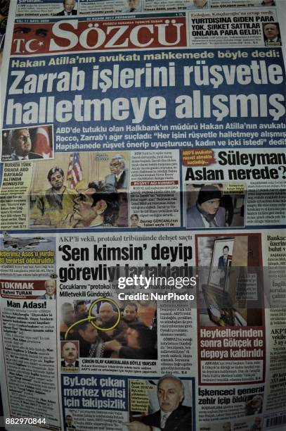 Photo taken in Ankara, Turkey on November 30, 2017 shows that Sozcu, a Turkish opposition daily newspaper, depicts the testimony of Iran-based...