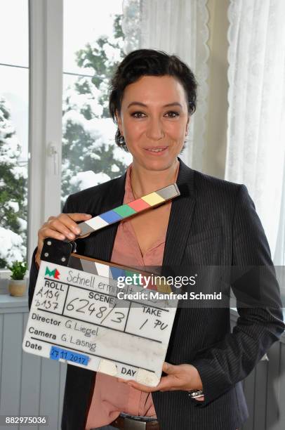 Ursula Strauss poses during the tv series 'Schnell ermittelt' On Set Photo Call at Schutzhaus am Schafberg on November 30, 2017 in Vienna, Austria.