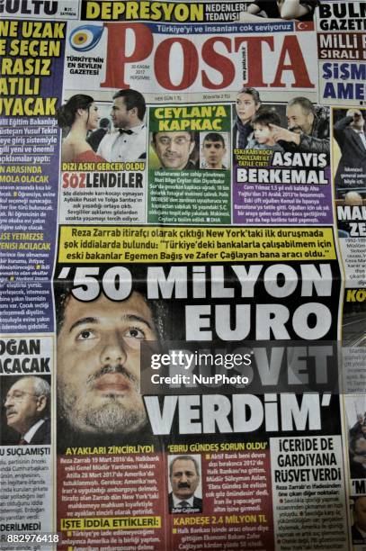 Photo taken in Ankara, Turkey on November 30, 2017 shows that Posta, a Turkish tabloid daily newspaper, depicts the testimony of Iran-based...