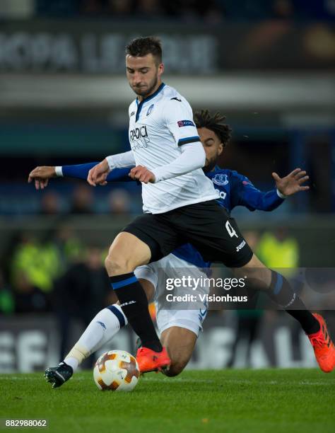 Ashley Williams of Everton brings down Bryan Cristante of Atalanta BC and concedes a penalty during the UEFA Europa League group E match between...