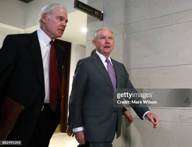 Attorney General Jeff Sessions leaves a closed door session of the House Intelligence Committee on Capitol Hill, November 30, 2017 in Washington, DC....