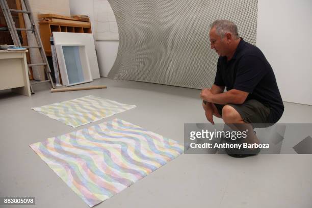 View of American artist Mike Solomon as he crouches beside several of his works in his Long Island studio, East Hampton, New York, August 10, 2011.