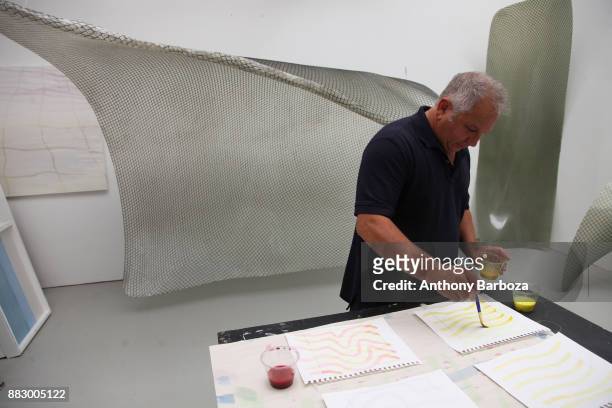 View of American artist Mike Solomon as he paints in his Long Island studio, East Hampton, New York, August 10, 2011.