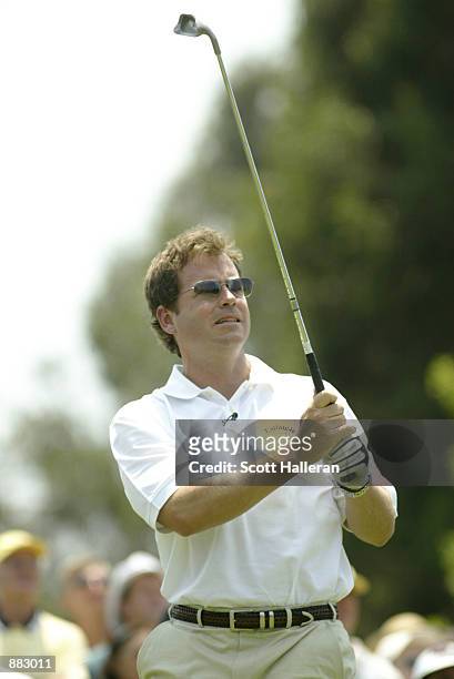 Actor Greg Kinnear hits a shot during the hole-in shootout at the 4th Annual Michael Douglas & Friends Celebrity Golf presented by Lexus to benefit...