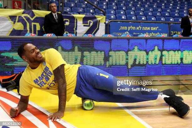 Deshaun Thomas, #1 of Maccabi Fox Tel Aviv warming up during the 2017/2018 Turkish Airlines EuroLeague Regular Season game between Maccabi Fox Tel...