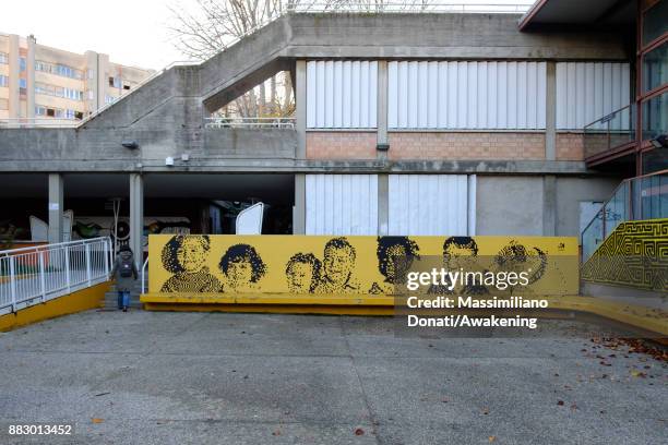 View of the mural painted by Krayon on the wall of civic center in Bologna suburbs for the project Zona Navile-Gorki 6.16 on November 30, 2017 in...