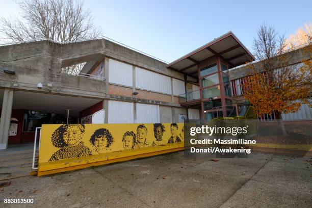 View of the mural painted by Krayon on the wall of civic center in Bologna suburbs for the project Zona Navile-Gorki 6.16 on November 30, 2017 in...