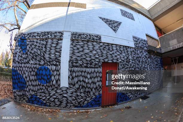 View of the mural painted by Delnevo on the wall of civic center in Bologna suburbs for the project Zona Navile-Gorki 6.16 on November 30, 2017 in...