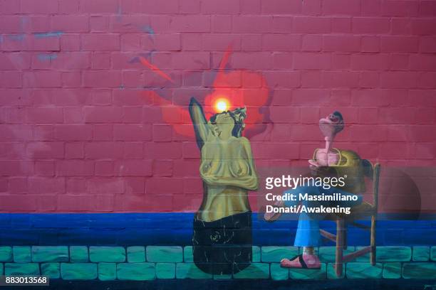 Details of mural painted on the wall of civic center in Bologna suburbs for the project Zona Navile-Gorki 6.16 on November 30, 2017 in Bologna,...