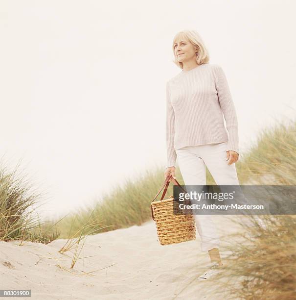 woman on sandy beach with picnic basket - anthony masterson stock-fotos und bilder