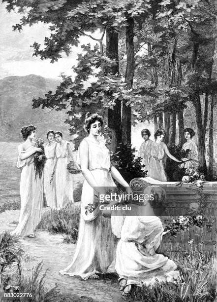 women standing around the tomb of daphni - daphnia stock illustrations