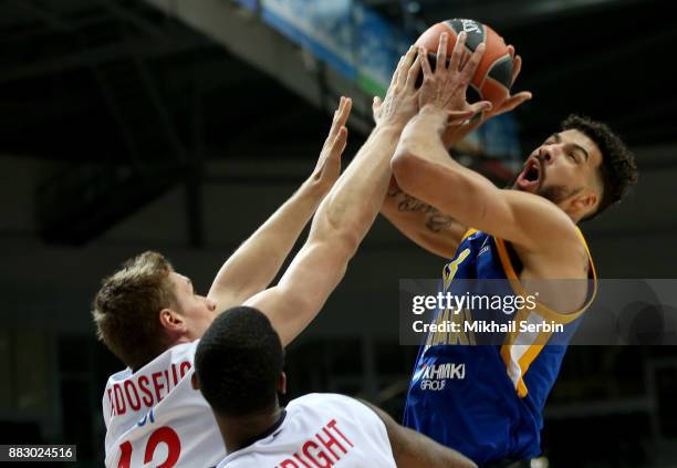 Anthony Gill, #13 of Khimki Moscow Region competes with Leon Radosevic, #43 of Brose Bamberg in action during the 2017/2018 Turkish Airlines...