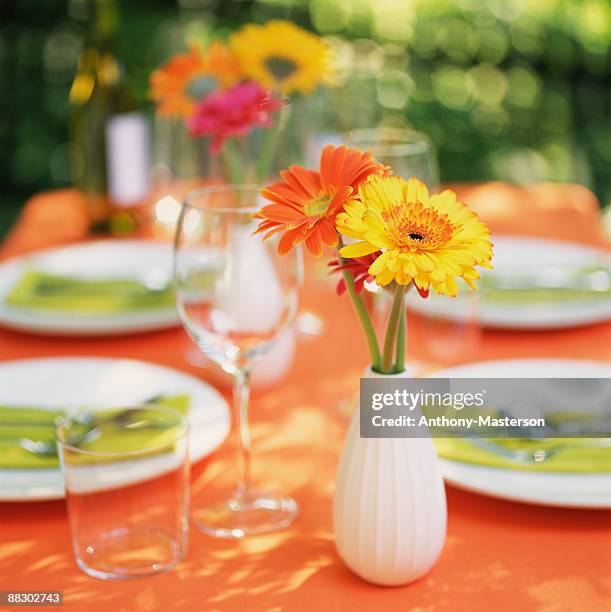 gerber daisies on decorative table - anthony masterson stock-fotos und bilder