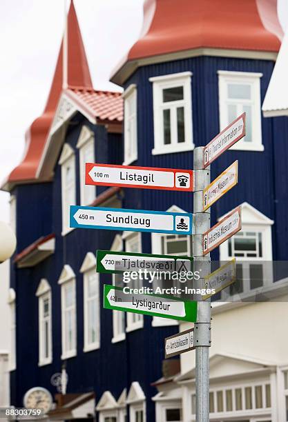 signpost with directions to towns, akureyri, iceland - akureyri stock-fotos und bilder