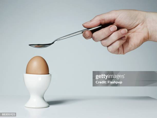 hand with spoon and soft-boiled egg - kokat ägg bildbanksfoton och bilder