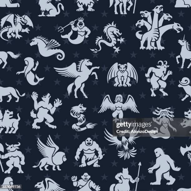 mythical creatures seamless pattern - cerberus mythical creature stock illustrations