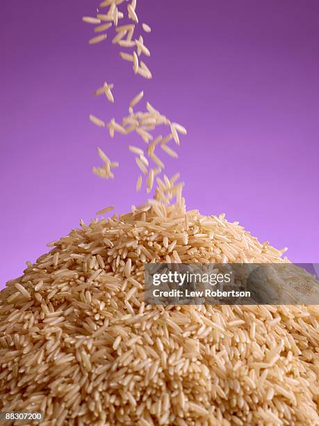 pouring uncooked brown rice - arroz integral imagens e fotografias de stock