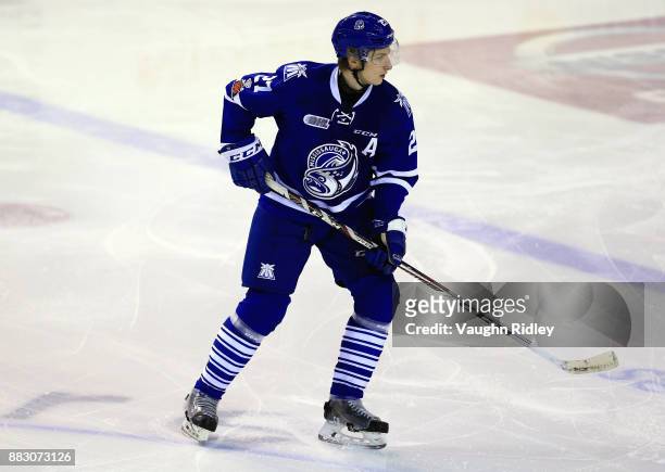 Jacob Moverare of the Mississauga Steelheads skates during an OHL game against the Niagara IceDogs at the Meridian Centre on November 25, 2017 in St...