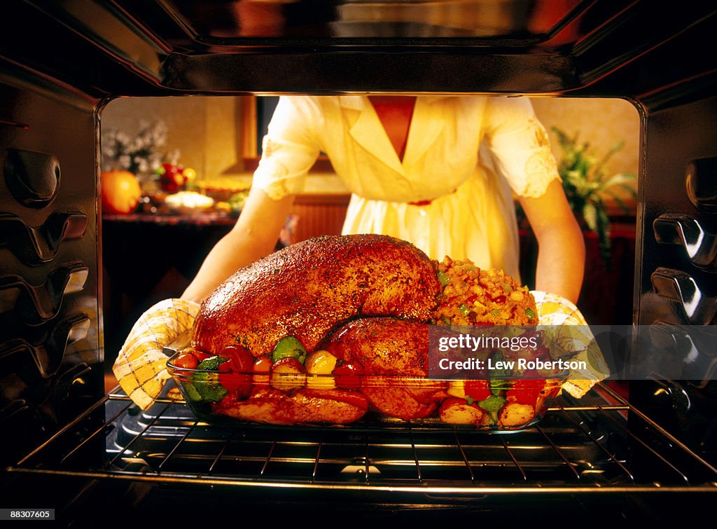 Woman preparing roasted turkey in oven