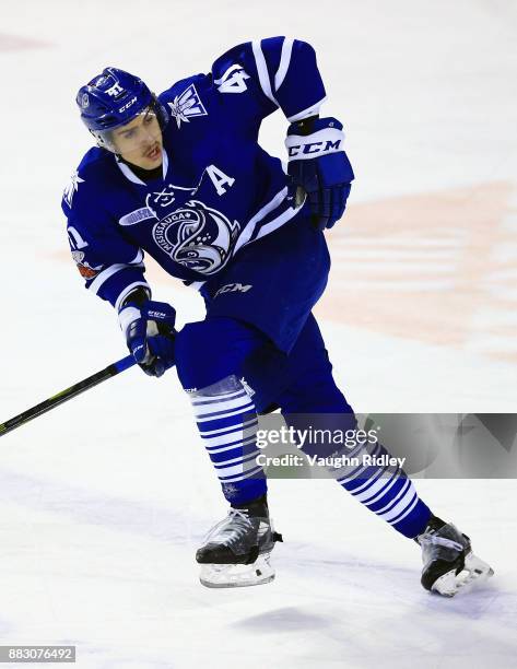 Nicolas Hague of the Mississauga Steelheads skates during an OHL game against the Niagara IceDogs at the Meridian Centre on November 25, 2017 in St...