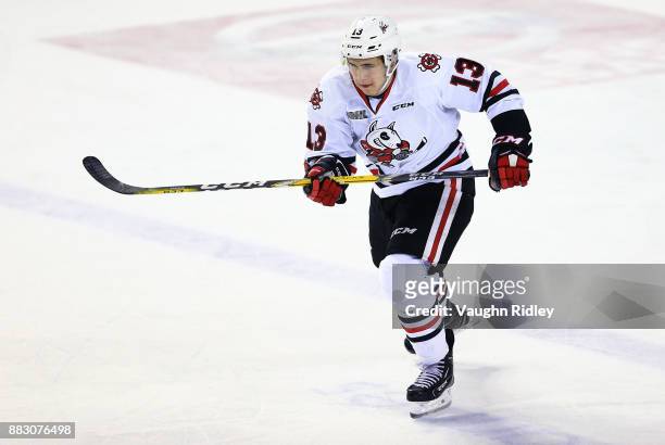 Kirill Maksimov of the Niagara IceDogs skates during an OHL game against the Mississauga Steelheads at the Meridian Centre on November 25, 2017 in St...