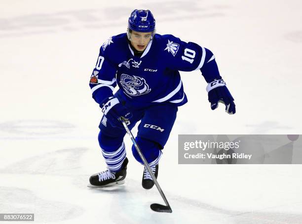 Merrick Rippon of the Mississauga Steelheads skates during an OHL game against the Niagara IceDogs at the Meridian Centre on November 25, 2017 in St...