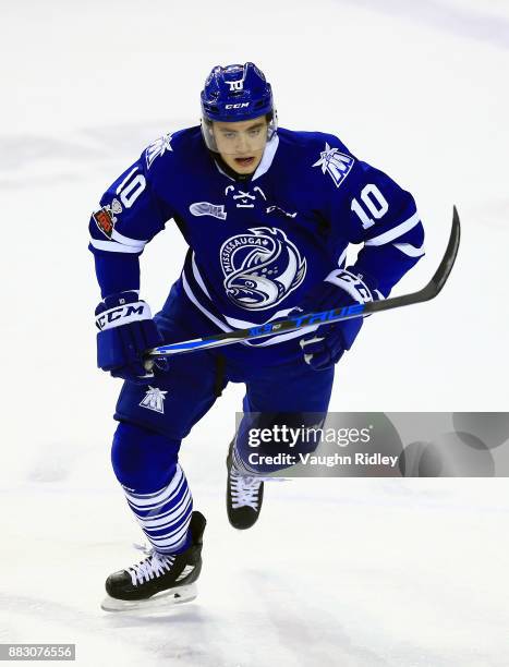 Merrick Rippon of the Mississauga Steelheads skates during an OHL game against the Niagara IceDogs at the Meridian Centre on November 25, 2017 in St...