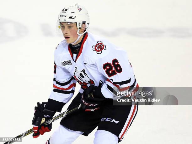 Philip Tomasino of the Niagara IceDogs skates during an OHL game against the Mississauga Steelheads at the Meridian Centre on November 25, 2017 in St...