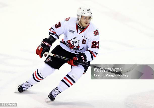 Johnny Corneil of the Niagara IceDogs skates during an OHL game against the Mississauga Steelheads at the Meridian Centre on November 25, 2017 in St...