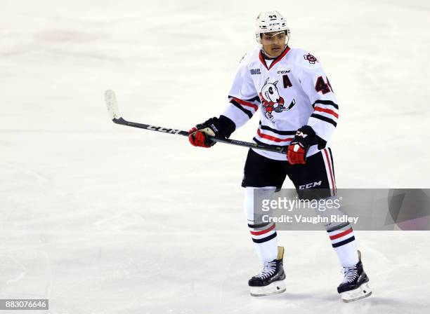 Akil Thomas of the Niagara IceDogs skates during an OHL game against the Mississauga Steelheads at the Meridian Centre on November 25, 2017 in St...