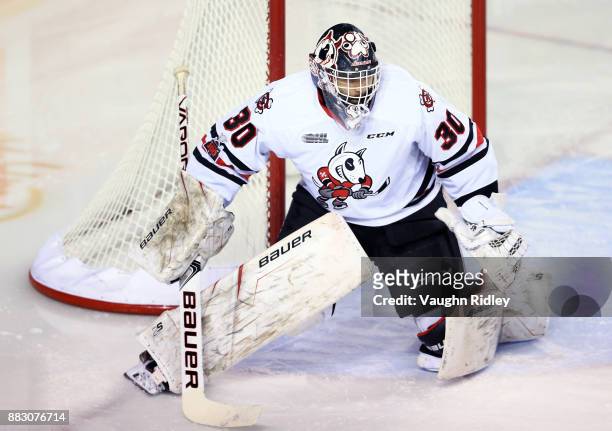 Stephen Dhillon of the Niagara IceDogs watches the puck during an OHL game against the Mississauga Steelheads at the Meridian Centre on November 25,...
