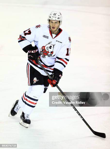 William Lochead of the Niagara IceDogs skates during an OHL game against the Mississauga Steelheads at the Meridian Centre on November 25, 2017 in St...