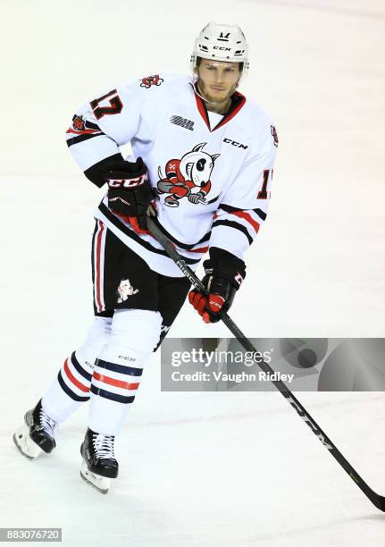 William Lochead of the Niagara IceDogs skates during an OHL game against the Mississauga Steelheads at the Meridian Centre on November 25, 2017 in St...