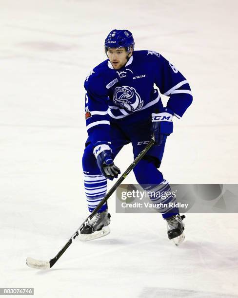 Stephen Gibson of the Mississauga Steelheads skates during an OHL game against the Niagara IceDogs at the Meridian Centre on November 25, 2017 in St...