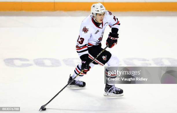 Kirill Maksimov of the Niagara IceDogs skates during an OHL game against the Mississauga Steelheads at the Meridian Centre on November 25, 2017 in St...