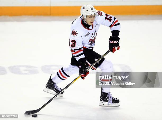 Kirill Maksimov of the Niagara IceDogs skates during an OHL game against the Mississauga Steelheads at the Meridian Centre on November 25, 2017 in St...