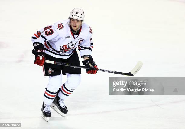 Johnny Corneil of the Niagara IceDogs skates during an OHL game against the Mississauga Steelheads at the Meridian Centre on November 25, 2017 in St...