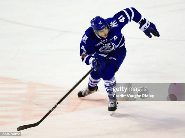 Nicolas Hague of the Mississauga Steelheads skates during an OHL game against the Niagara IceDogs at the Meridian Centre on November 25, 2017 in St...