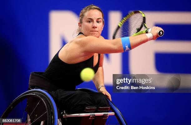 Lucy Shuker of Great Britain in action during her match against Kgothatso Montjane of South Africa on day 2 of The NEC Wheelchair Tennis Masters at...
