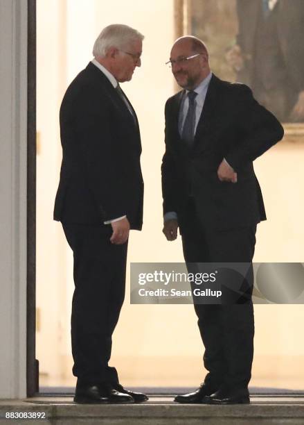 German President Frank-Walter Steinmeier greets Martin Schulz, leader of the German Social Democrats , as Schulz arrives for a meeting of the SPD,...