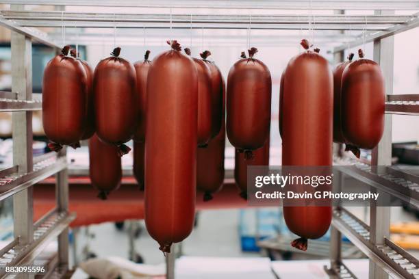 packed bologna hanging on a rack - baloney stock pictures, royalty-free photos & images