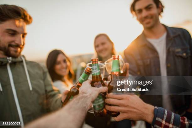 friends rooftop party - beer bottle stock pictures, royalty-free photos & images