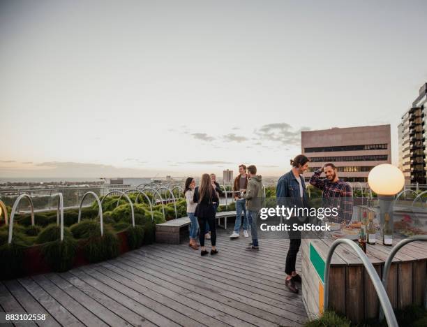 friends at a rooftop party - rooftop garden stock pictures, royalty-free photos & images